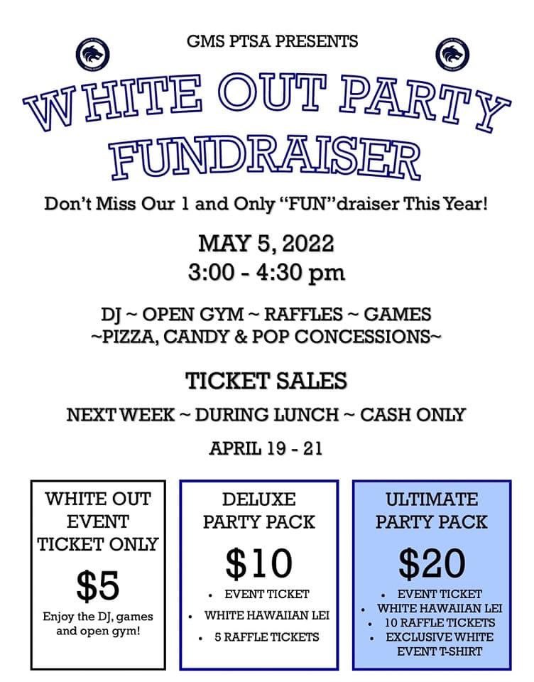 GeislerPtsa's tweet photo. White Out Party Fundraiser!  Ticket on sale at Lunch next week! @geislerwolfpack @WalledLkSchools  #fundraising #whiteout https://t.co/VOPSzp1IHC