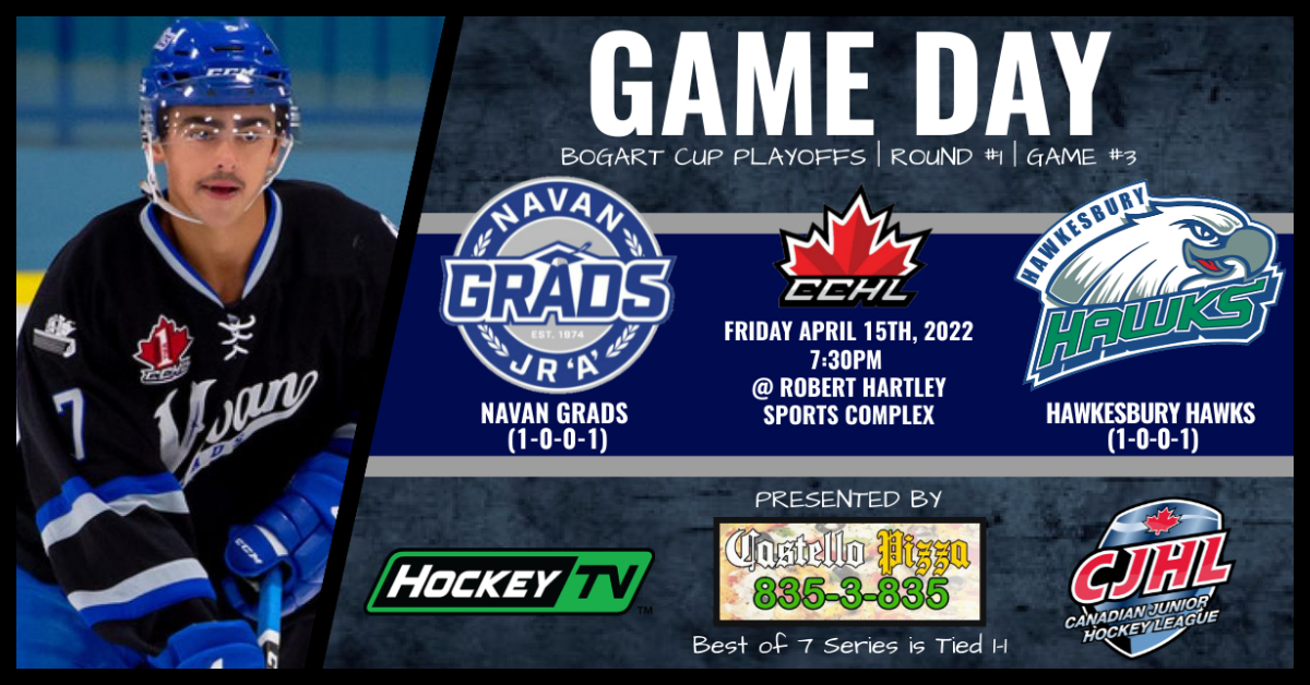 GradsHockey's tweet photo. 🚨GAME DAY🚨

Let`s Go! It's Game #3 of the series between the Navan Grads and Hawkesbury Hawks at Robert Hartley Sports Complex #CCHLPlayoffs | #GameDay | #FireItUp

Puck drop is at 7:30PM. Game will be streamed live on @MyHockeyTV #Grads @NCAAIceHockey @TheCCHL https://t.co/LbCb3Q09gd