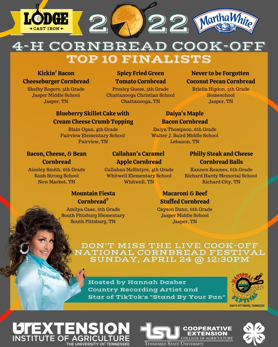 cornbread_fest's tweet photo. These are the lucky kids that will be competing in the 2022 4-H Cornbread Cook-Off! Come cheer them on at the Lodge Stage on Sunday, 4/24, at 12:30 PM. #cornbreadfest https://t.co/vCt2Btelqx