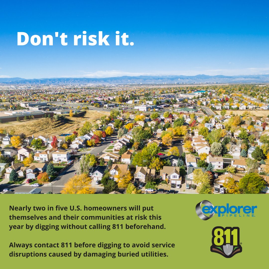 ExplPipeline's tweet image. Nearly two in five U.S. homeowners will put themselves and their communities at risk this year by digging without calling 811 beforehand. Always contact 811 before digging.