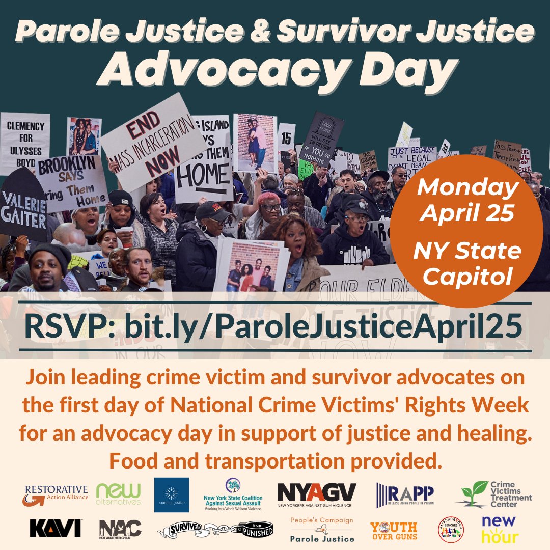 🗓️ National Crime Victims’ Rights Week is coming up. We're working with leading advocates for victims &amp; survivors like <a href="/NYSCASA/">New York State Coalition Against Sexual Assault</a> <a href="/cvtcnyc/">CVTC</a> &amp; <a href="/Common_Justice/">Common Justice</a> on a 4/25 Parole Justice &amp; Survivor Justice Advocacy Day &amp; we want to explain more.

RSVP: bit.ly/ParoleJusticeA…

Thread ⬇️