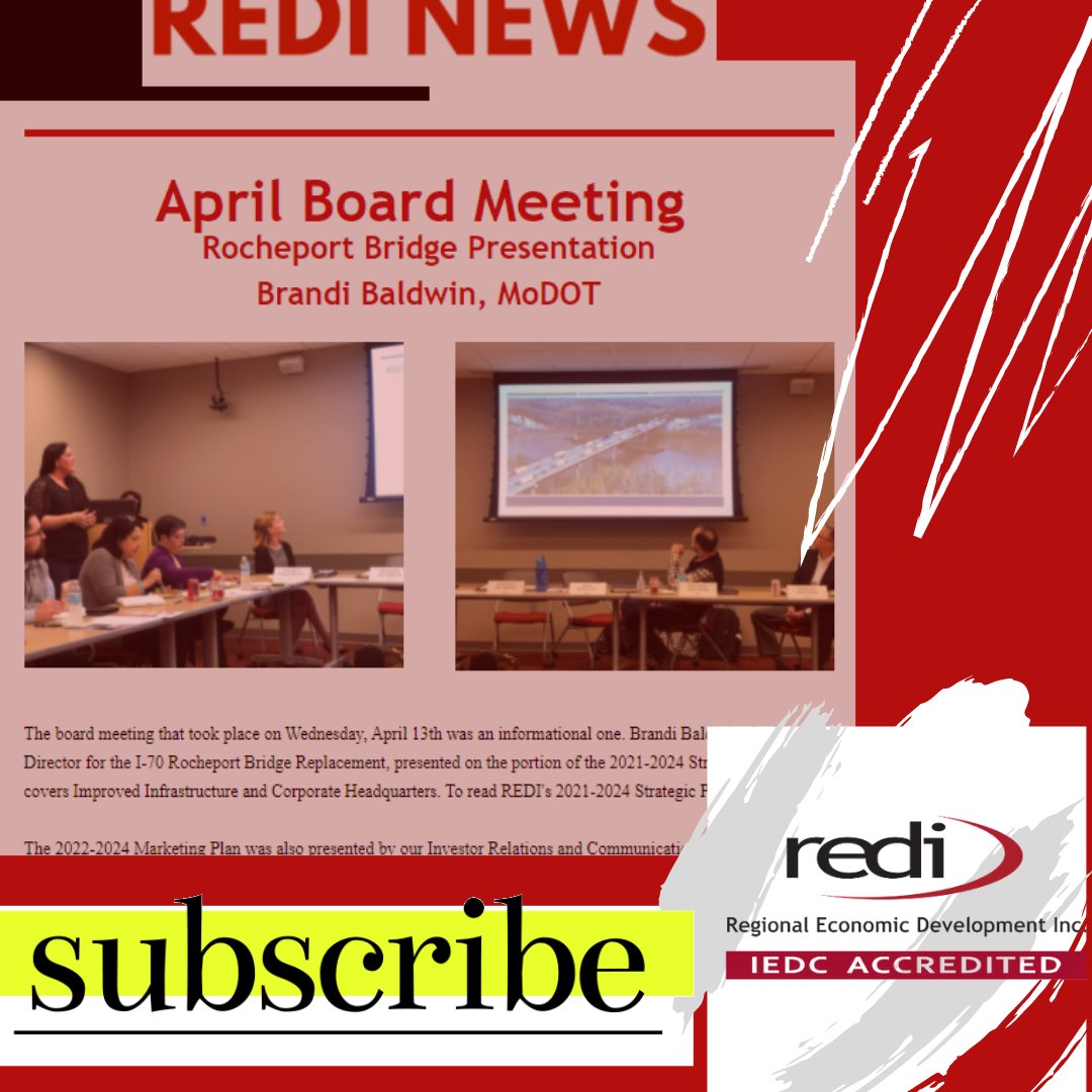 REDI Newslinks | April 15th Newsletter for you ✨ - mailchi.mp/como/newslinks… Business Development Specialist Survey License | Board Meeting MoDot Presentation | Sirens Call Networking | Marketing Plan and Website Presentation