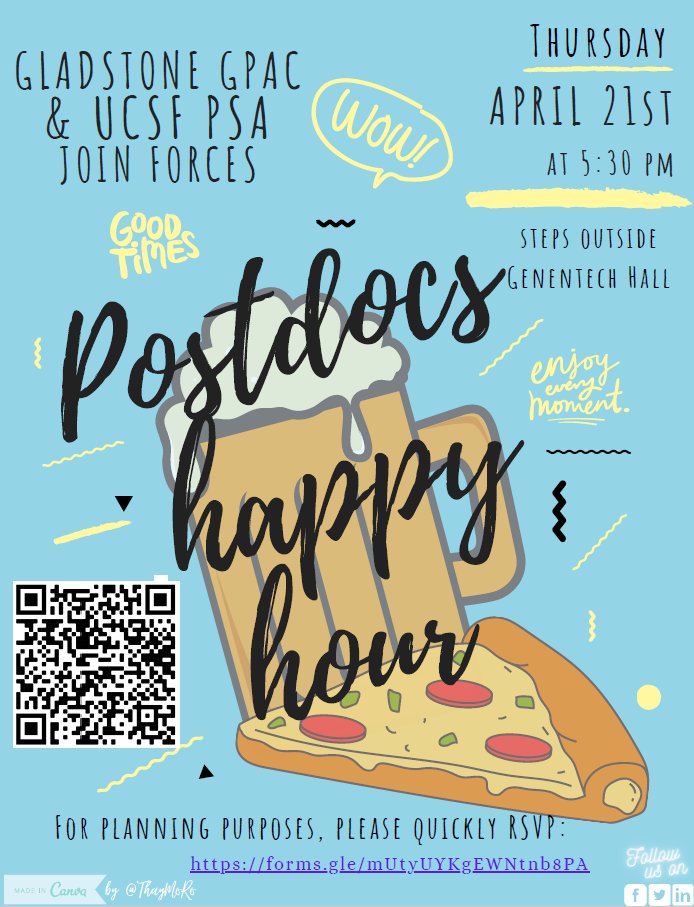 #UCSFpostdoc We are back and delighted to announce our first Happy Hour of 2022 ! See you next Thursday for (free!) Drinks, Pizza at Snacks! 👉🤩