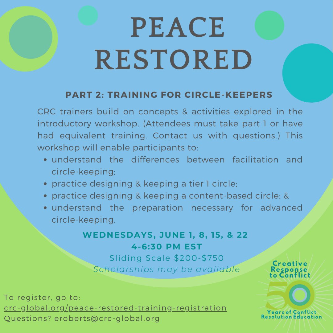 Starts next week! Reg. now: bit.ly/36nPQWf
&amp; please share!#conflictresolution #racialjustice #restorativejustice #transformativejustice
#restorativepractices #endschooltoprisonpipeline
#decarcerate #nonviolence #mediation
 #peace #peacemaker #justice #socialjustice