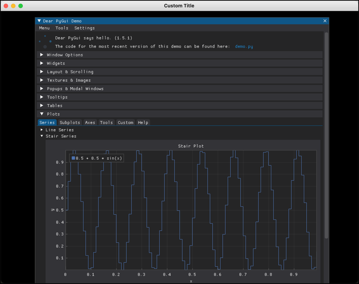 The <a href="/DearPyGui/">DearPyGui</a> docs page provides a handy sample program that shows a nice demo of what you can do with the package.

Here's an example of some plotting in this interesting #Python GUI