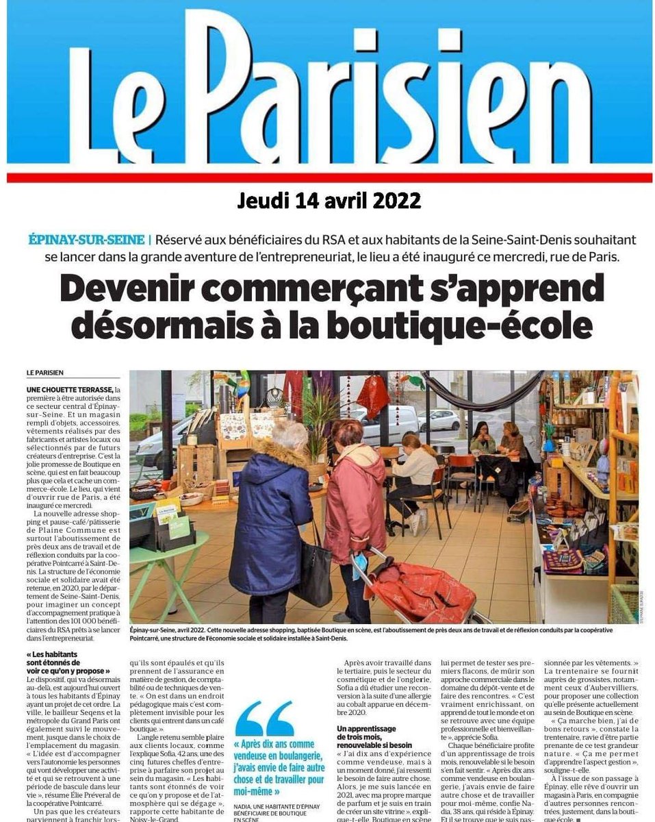 Merci <a href="/leparisien_93/">Le Parisien | 93</a> pour la belle mise en avant de la Boutique en Scène d'Épinay-sur-Seine, la dernière aventure de <a href="/pointcarre_coop/">Coopérative Pointcarré</a>.
Découvrez ce lieu, croisant commerce et incubateur, rendu possible grâce à <a href="/epinaysurseine/">Épinay-sur-Seine</a>, <a href="/GrandParisMGP/">Métropole du Grand Paris</a>, <a href="/seinesaintdenis/">Département de Seine-Saint-Denis</a>, <a href="/SEQENSofficiel/">Seqens</a>