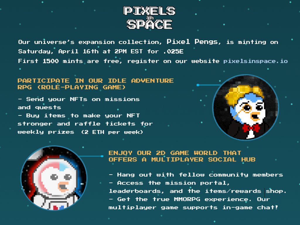 Our first Expansion collection launches tomorrow; Pixel Pengs: pengs.pixelsinspace.io

Like &amp; RT for a chance to win 5 free mints🚀

Our minting giveaway schedule:

- 25%: <a href="/Deadfellaz/">Deadfellaz</a> 
- 50%: <a href="/Llamaverse_/">Llamaverse</a> 
- 75%: <a href="/worldofwomennft/">world of women</a> 
- 100% <a href="/AzukiOfficial/">Azuki</a> OR #MAYC (winners choice)
