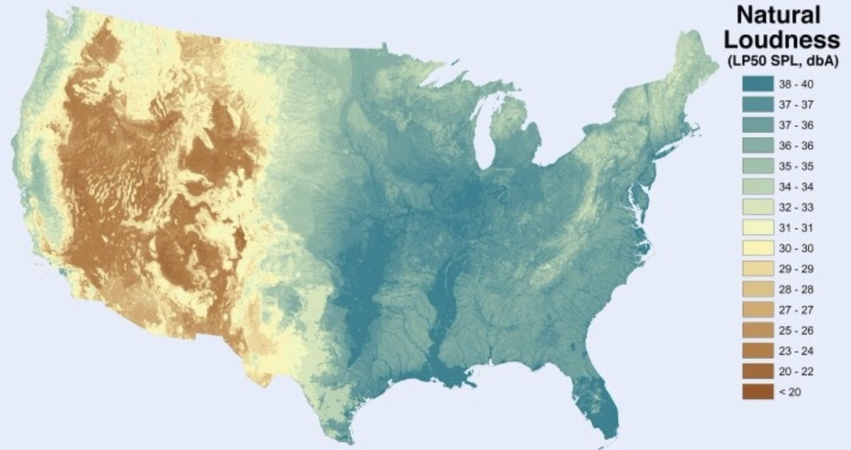 CofcGeography's tweet photo. Cartography often takes on synesthetic dimensions. In our Map of the Week, the viewer has to use their sight to understand and compare the level of natural noise throughout the U.S.! https://t.co/N8JQs6Yin9