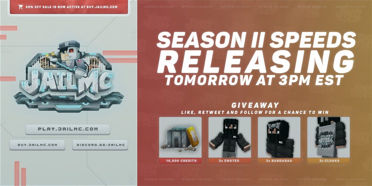JailMCPrison's tweet image. JailMC | Speeds Season II🚀

Speed Prison Season II releases Tomorrow @ 3PM EST!

In celebration we'll be giving away:

▫️ 3x 10,000 Credits
▫️ 3x Lunar Bandanas
▫️ 3x Lunar Cloaks
▫️ 3x Lunar Emotes

To enter simply Retweet, Like, and Follow @JailMCPrison!