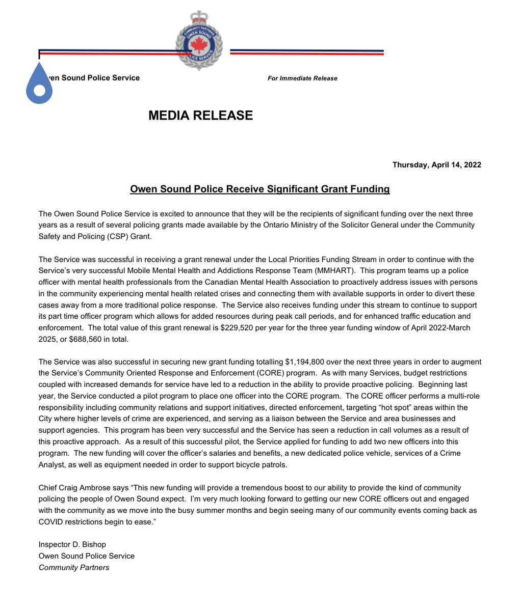 #MediaRelease Owen Sound Police Receive Significant Grant Funding.  Funding will support the Mobile Mental Health &amp; Addictions Team &amp; Community policing initiatives.  <a href="/NewsBayshore/">Bayshore News</a> @BounceRadio923 <a href="/OwenSoundST/">Owen Sound Sun Times</a> <a href="/OwenSoundHub/">Owen Sound Hub</a> <a href="/ChiefAmbroseOSP/">ChiefAmbroseOSPS</a> <a href="/JFluneyOSPS/">InspectorFluney OSPS</a> @Insp_DBishop <a href="/OSPApres/">James Boyle</a>