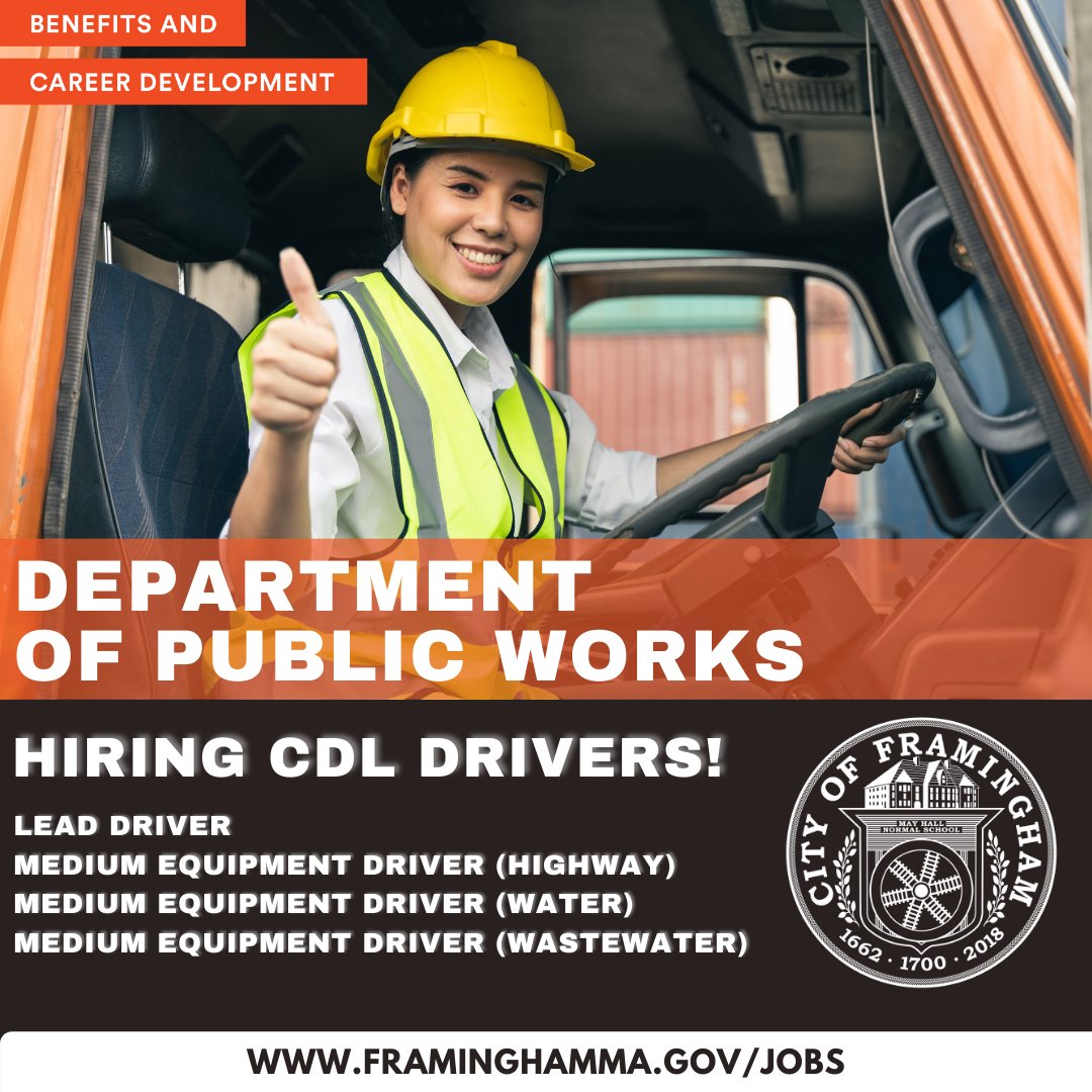 Framingham_MA's tweet photo. The Framingham Public Works Department is hiring CDL drivers:

• Lead Driver
• Medium Equipment Driver (Highway)
• Medium Equipment Driver (Water)
• Medium Equipment Driver (Wastewater)
For more information and to apply, please visit:

https://t.co/cEmiOrvUJn

#HiringAlert https://t.co/a6n5nR1wsn
