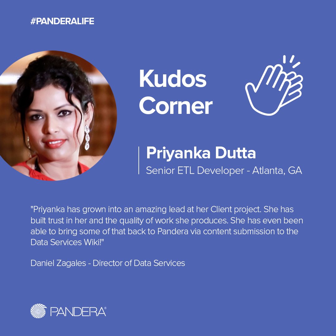 XDMatt1911's tweet photo. Director of Data Services at Pandera, Daniel Zagales, is giving Sr. ETL Developer Priyanka Dutta praise for her quality of work in ensuring client success! 

Way to go, Priyanka!

We are Hiring! https://t.co/lmYXhbVZp7 

#kudos #kudoscorner #Panderalife https://t.co/Jvu4qE9EAB