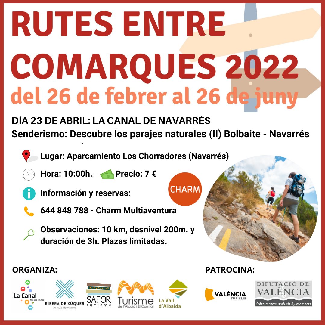 lacanalturismo's tweet photo. El programa #ENTRECOMARQUES 2022 realiza una actividad para el conocimiento de los parajes naturales de #LaCanalTerritorioturístico a su paso por el recorrido del sendero GR-332 👟🌳 (etapa #Navarrés - #Bolbaite), sábado 23 de abril https://t.co/e72xqAE4JY
ℹ️ @Aventura_charm https://t.co/EHUMglE7Gc