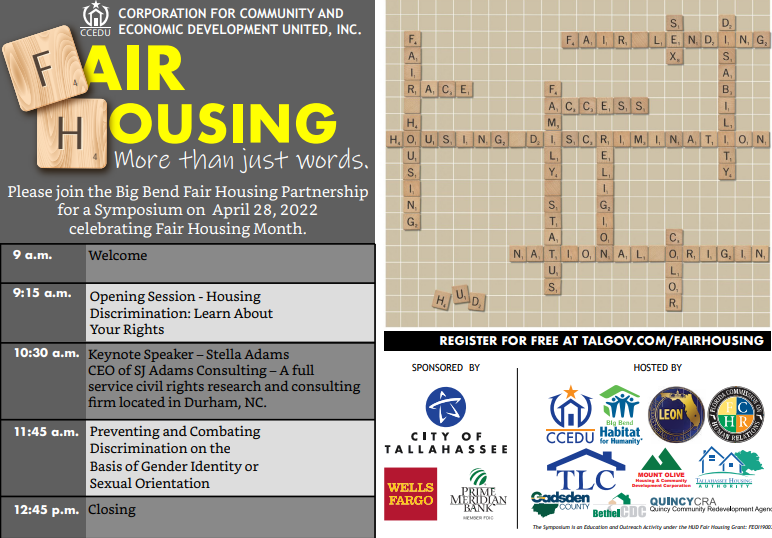FLCommHumanRela's tweet photo. The Florida Commission on Human Relations, in partnership with the City of Tallahassee, Florida, and the Big Bend Housing Partnership, will host a hybrid Fair Housing Symposium on Thursday, April 28, 2022, 9:00 AM-1:00 PM. Click here to register: https://t.co/iKUfK1DP6X https://t.co/wqiFME1rtu