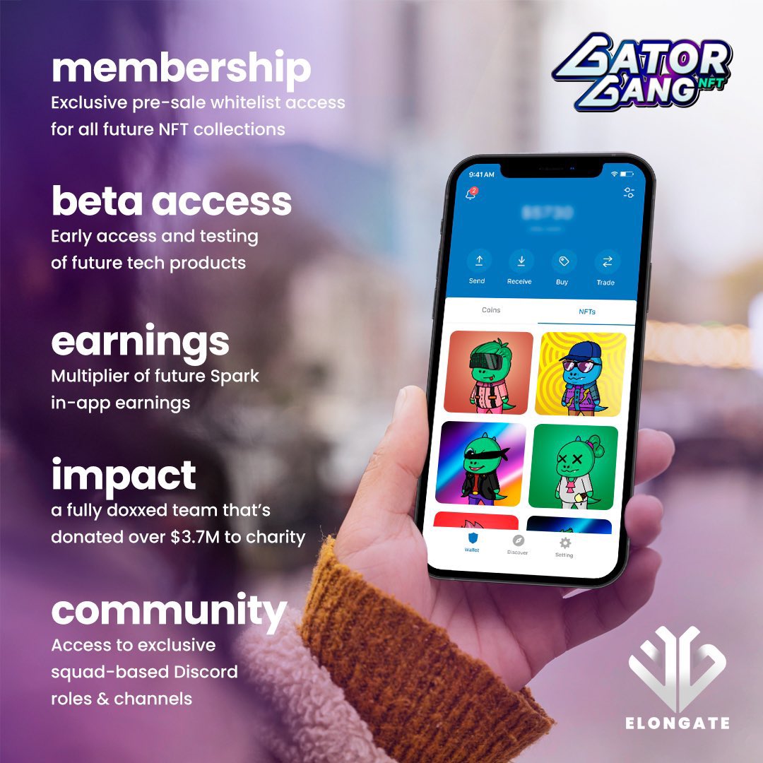 Gator Gang #NFTs are packed with perks - putting you first in line for future @elongateog products like the DeFi Social Media platform Spark, NFT collections, access to VIP club in the @OfficialTCGCoin Metaverse and more!🐊🤩 Mint now: gatorgang.cc