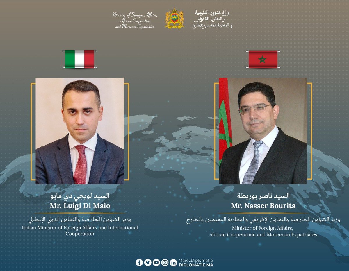 MarocDiplomatie's tweet photo. M. Nasser Bourita a eu aujourd’hui un entretien téléphonique avec le ministre italien des Affaires Étrangères et de la Coopération Internationale, M. Luigi Di Maio. https://t.co/RaIYQdIaFM