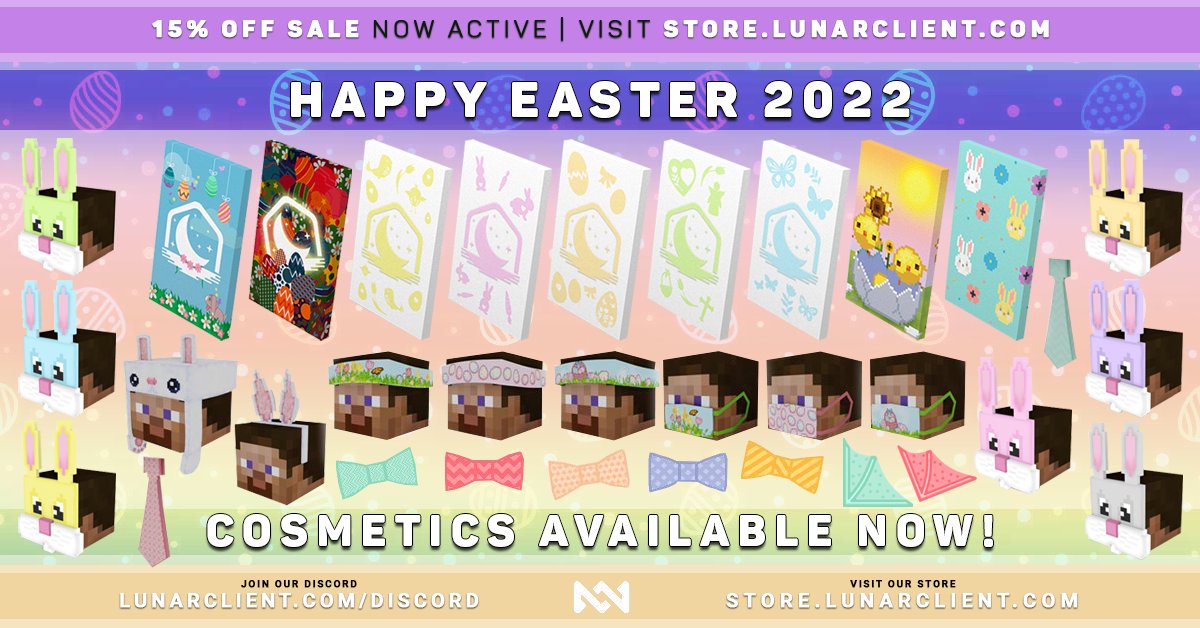 LunarClient's tweet image. Happy Easter! 🐰

Our limited-edition Easter cosmetics are available at store.lunarclient.com. The entire store is up to 20% off! 🌷

Retweet, Like, and Follow for a chance to win 5x Easter cosmetics of your choice! ☀️