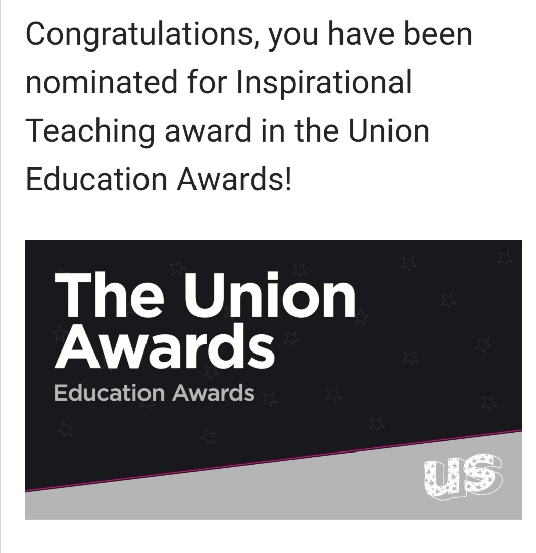 Thank you for whoever did this. I'm honoured to be nominated for 2 awards #unionawards <a href="/DerbyUni/">University of Derby</a>