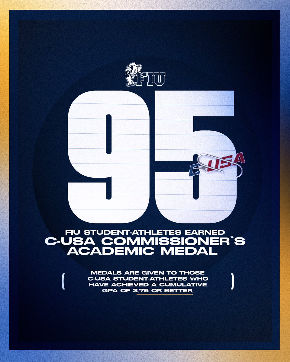 9️⃣5️⃣ FIU student-athletes earned the 2021-22 <a href="/ConferenceUSA/">Conference USA</a> Commissioner’s Academic Medal 🏅

Academic Medal winners boasted a 3.75 GPA or higher 📚 

Full release ➡️ bit.ly/3jJ3TZC 🗞 

#PawsUp 🐾 | #PantherPride