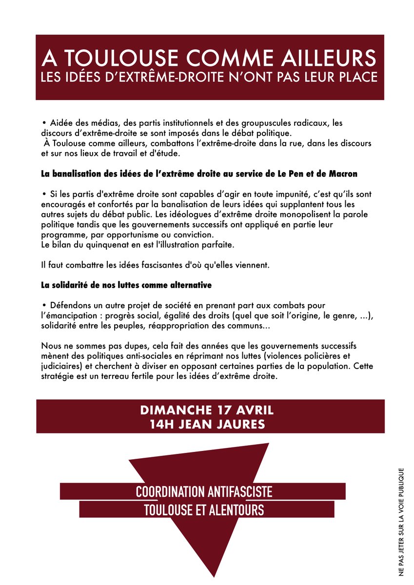 CraAnti's tweet image. 🚨Rassemblement dimanche 17 avril 14h 
Jean Jaurès Toulouse
Contre la fascisation de l’État et ses lois sécuritaires, ses politiques islamophobes et anti-migratoires
Contre l'extrême droite et ses idées