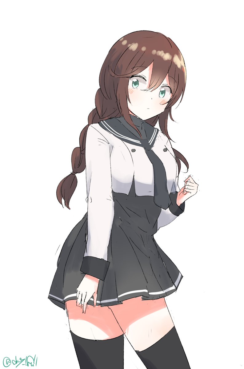 noshiro (kancolle) 1girl solo thighhighs braid brown hair sailor collar skirt  illustration images