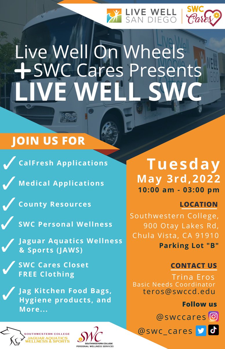 SWCStudentSvcs's tweet image. Live Well on Wheels 🚚➕SWC Cares ♥️will be providing in person Medical and CalFresh application support and sharing other resources.  
🗓 Tuesday, May 3
⏰ 10:00 am - 3:00 pm
📍 Chula Vista campus Parking lot “B”
