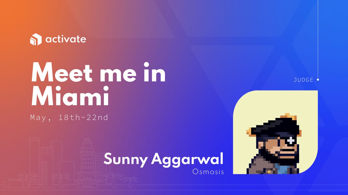 activate_build's tweet photo. The brilliant @sunnya97 is one of our judges for the #ActivateMiami hackathon.
Who better to do this than one of the core developers of @cosmos, co-founder of @osmosis and @SikkaTech?
π May 18-22nd | Miami π΄
Don't you dare miss your spot π https://t.co/4oWfZb7Q2G https://t.co/CMpp3XejE3