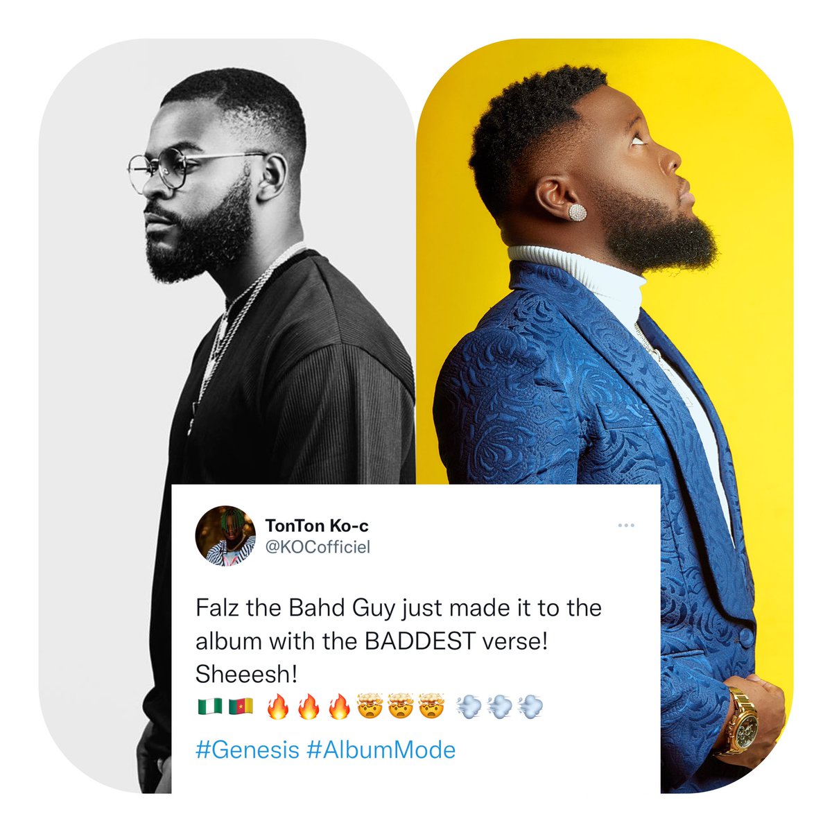 PowerHouseEnter's tweet photo. Falz The Bahd Guy with the baddest verse makes it to the GENESIS album! Ghana, Nigeria is on the album! How many more surprises does @KOCofficiel have for you guys ? Stay tuned!

#PowerHouseEntertainment #Genesis https://t.co/7KEIDxmc4x
