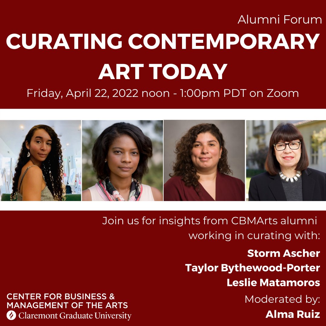 Don’t miss it! Join CBMArts next Friday, April 22nd at 12:00PM PDT for “Curating Contemporary Art Today,” a virtual alumni panel moderated by Alma Ruiz, CBMArts adjunct faculty and independent curator. 

Click this link to register today: admissions.cgu.edu/register/curat… 

#CBMArts