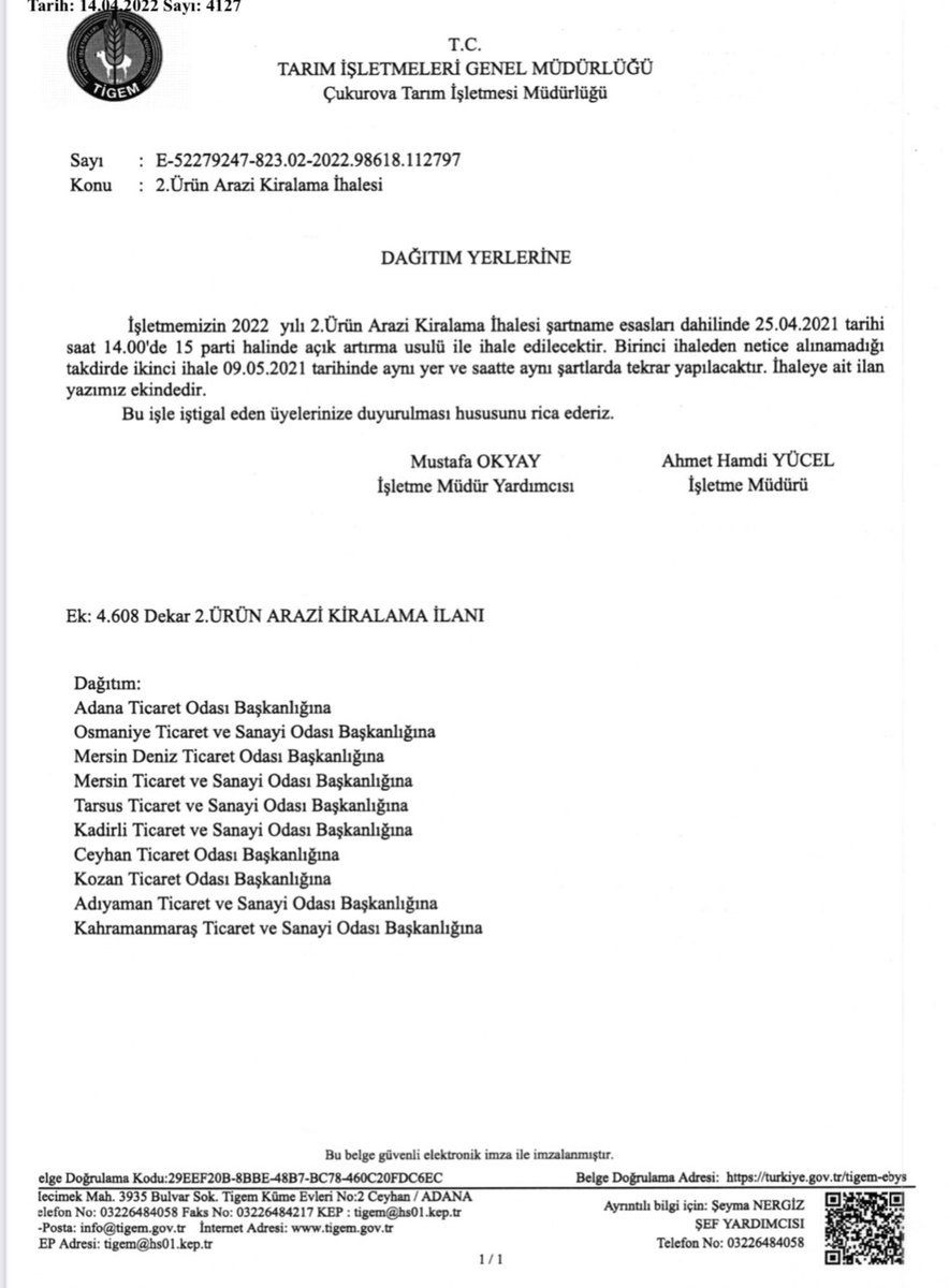 Adana’da TİGEM arazilerinin 2. ürün ekilişi için kiraya verileceği duyurusu yapılıyor ama yazının dağıtım yerleri sadece sanayi ve ticaret odaları !
Bu arazileri çiftçiler ekmeyecek mi ? Peki çiftçilerin bağlı olduğu kuruluşlara neden duyuru yapılmıyor ? Ziraat odaları nerede ?