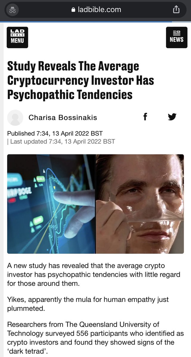 NischalShetty's tweet photo. Study shows ‘average crypto investors’ are psychopathic

I think interviewing just 556 people (0.0002% of 200M crypto users) &amp; calling everyone a psycho is a bigger indicator of a psycho

Also, there’s no such thing as ‘average crypto investor’

Everyone is a rock star #WAGMI 😎 https://t.co/jsMMVwNpNK