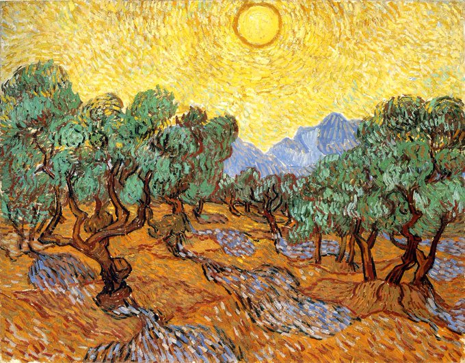 CHRIST'S PASSION - VAN GOGH, 'OLIVE TREES WITH YELLOW SKY AND SUN' 1889 #vangogh #art #arttwit #twitart #iloveart #sun #gesture #ArtLovers #artlover #ChristPassion