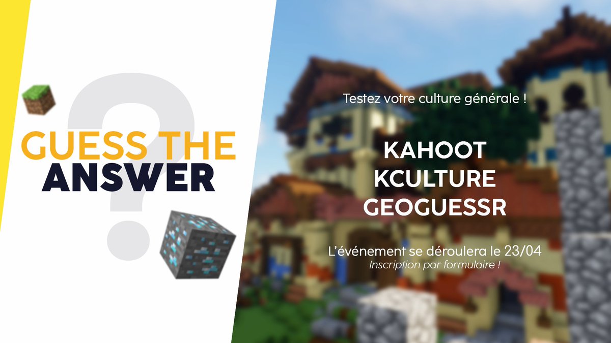 📢 GUESS THE ANSWER 📢

➡️ Vous êtes fort en culture G et en connaissance Élitienne ? Venez participer à l’évent discord qui se déroule le 23/04 de 16h à 18h !

➡️ Au programme : Kahoot, KCulture, GeoGuessr et des récompenses !

🔗 Inscriptions ici : discord.elity.fr