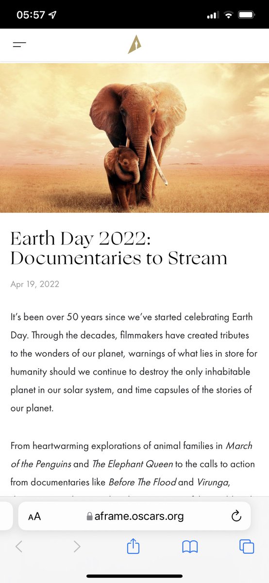 Fantastic to see #theelephantqueen on ⁦<a href="/TheAcademy/">The Academy</a>⁩ ‘s list of movies to watch on ⁦#EarthDay⁩. ⁦<a href="/TEQmovie/">The Elephant Queen</a>⁩ ⁦<a href="/TEQKenya/">The Elephant Queen Kenya</a>⁩ ⁦<a href="/VickyStoneFilm/">Victoria Stone</a>⁩ ⁦<a href="/ONSIGHT_UK/">ONSIGHT</a>⁩ ⁦<a href="/kenyafilmcomm/">Kenya Film Commission</a>⁩ ⁦⁩