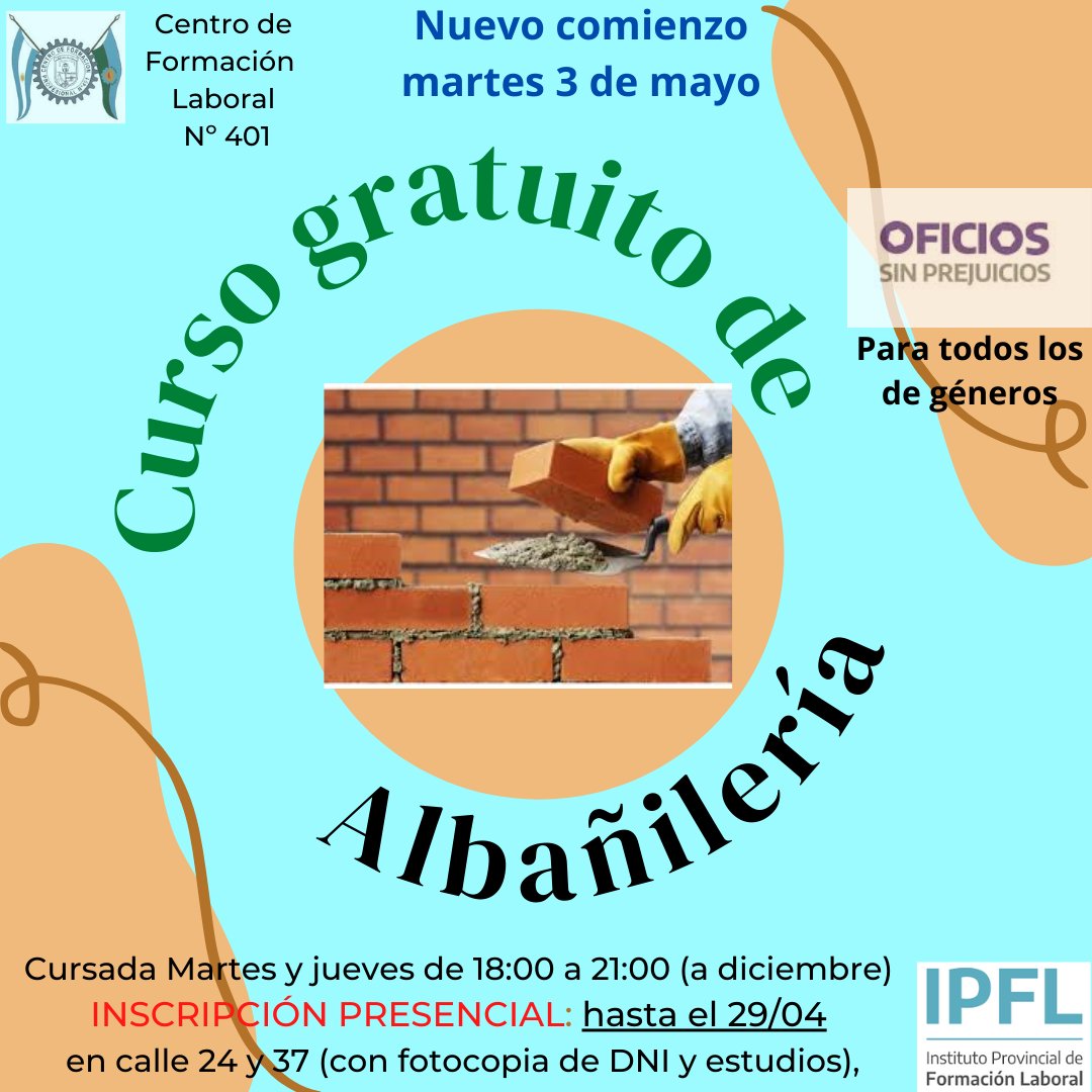 CFP401Mercedes's tweet photo. Aprende a construir paredes, revocar, colocar pisos y mucho más, obteniendo una excelente salida laboral.
Inscripción PRESENCIAL al curso gratuito de ALBAÑIL/A en el CFL Nº 401 de Mercedes.
Calle 24 y 37 hasta el 29/4 de 17 a 20:40 hs.

Te esperamos!! https://t.co/7DMspYwLZI