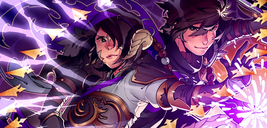 endymade's tweet image. Auction winner commission for @_reiiko of her regal DRK and her NIN boyfriend.  What a pleasure it was to work for them again!

My first time fitting two characters in a header composition, but I think the challenge of showing off both their skills turned out well! #FFXIV