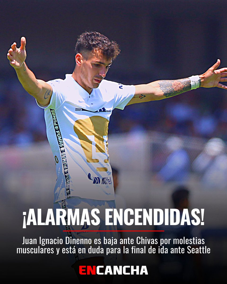 EnCanchamx's tweet photo. 🚨 ALARMA EN PUMAS 🚨
Juan Ignacio Dinenno está DESCARTADO para el duelo de mañana ante Chivas por molestias musculares. 🤕
➡️ El Comandante es duda para la final de ida de Concachampions ante Seattle Sounders.
Cadena de oración auriazul. 🙏🏻 https://t.co/fJuQtL0xox