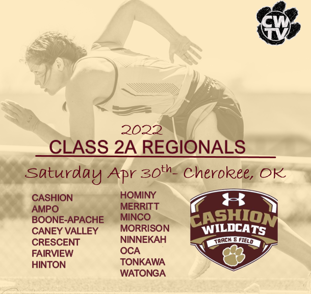 GOOD LUCK TO OUR CASHION TRACK TEAM!
2A Regionals- Cherokee, OK
First event begins 9:30 am
#CHaSinGOLD #LEGGO <a href="/T_Wood88/">Tony Wood</a> <a href="/bestone/">Brad Stone</a>
