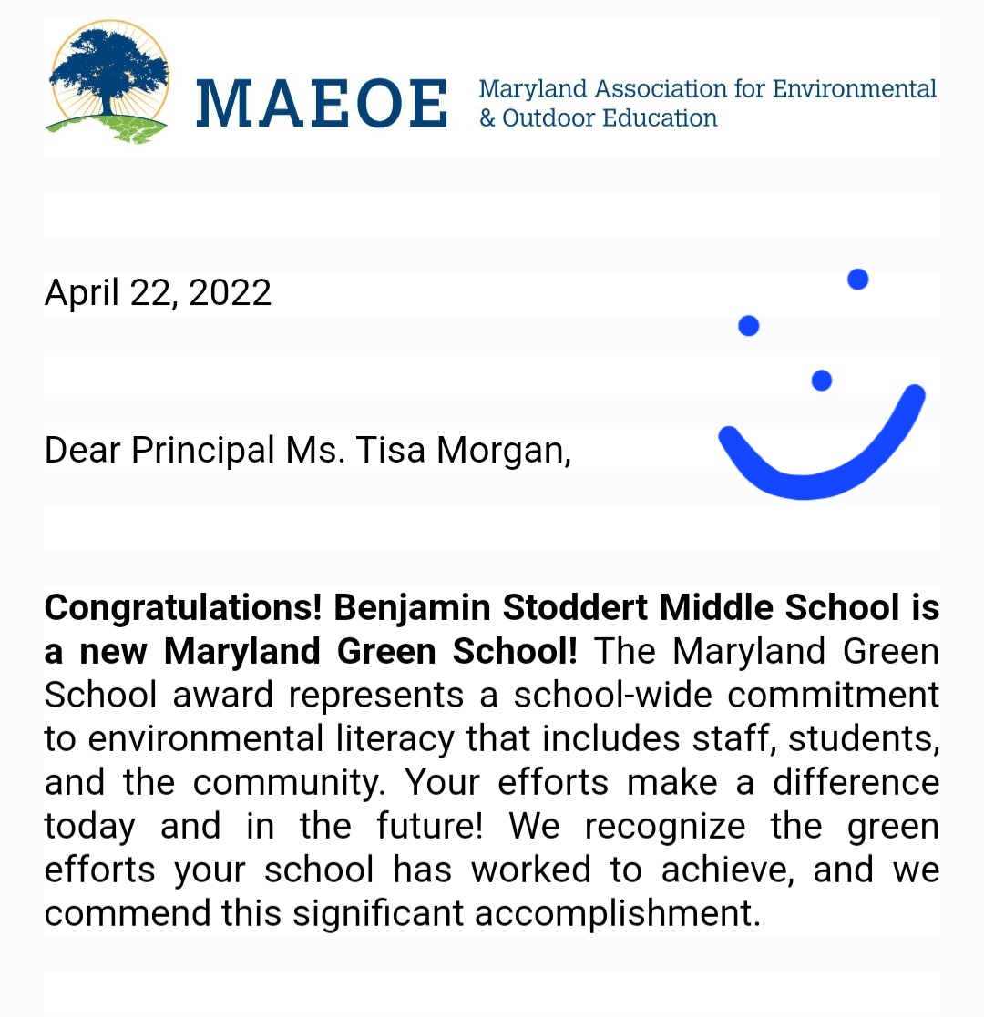 Happy EARTH Day!!! What a great way to close Earth day😁 Thank you <a href="/MAEOE_MD/">MAEOE</a>  for the AWESOME news! CONGRATULATIONS <a href="/BSMS_PGCPS/">Benjamin Stoddert Middle School</a> for all your hard work!!  #GreenTeam <a href="/lvyalyf/">Shonda Pegram</a> 👏🏽 #BetterTogether #SOARING <a href="/pgcps/">PGCPS</a> <a href="/DCLeads4Change/">Coach Curry</a>