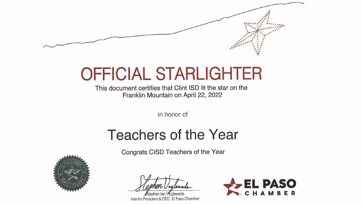 ClintISD's tweet photo. In honor of all our Clint ISD teachers, the star on the Franklin Mountain will be lit tonight. ⭐️

Thank you for all you do and for being part of our Clint ISD family.

#WeAreClintISD https://t.co/l3TU5jVAi3