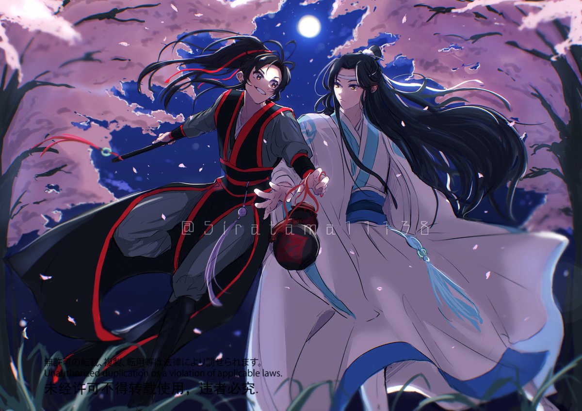 night long hair black hair headband moon 2boys cherry blossoms  illustration images