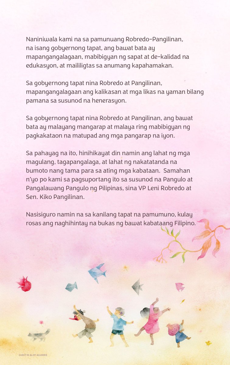 senoradonfuton's tweet photo. Kami'y mahigit 200 na mga alagad ng sining na inaalay ang aming likha para sa mga kabataan. Para rin sa kanila ang boto namin sa Halalan 2022, kaya sina VP Leni at Sen. Kiko ang iboboto namin.

Kina Leni at Kiko, may pag-asa ang mga Pag-asa ng Bayan 🙂

#LeniKikoParaSaKabataan https://t.co/Nxi4OUt6Nr