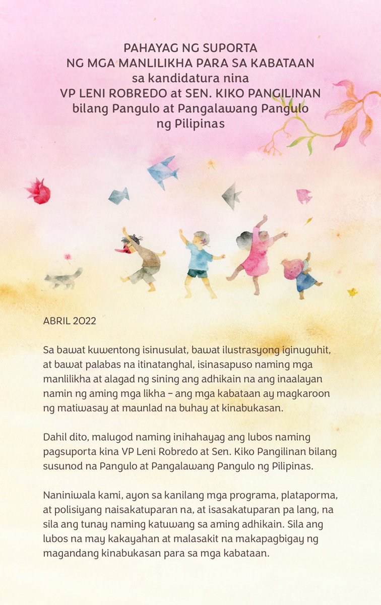 senoradonfuton's tweet photo. Kami'y mahigit 200 na mga alagad ng sining na inaalay ang aming likha para sa mga kabataan. Para rin sa kanila ang boto namin sa Halalan 2022, kaya sina VP Leni at Sen. Kiko ang iboboto namin.

Kina Leni at Kiko, may pag-asa ang mga Pag-asa ng Bayan 🙂

#LeniKikoParaSaKabataan https://t.co/Nxi4OUt6Nr