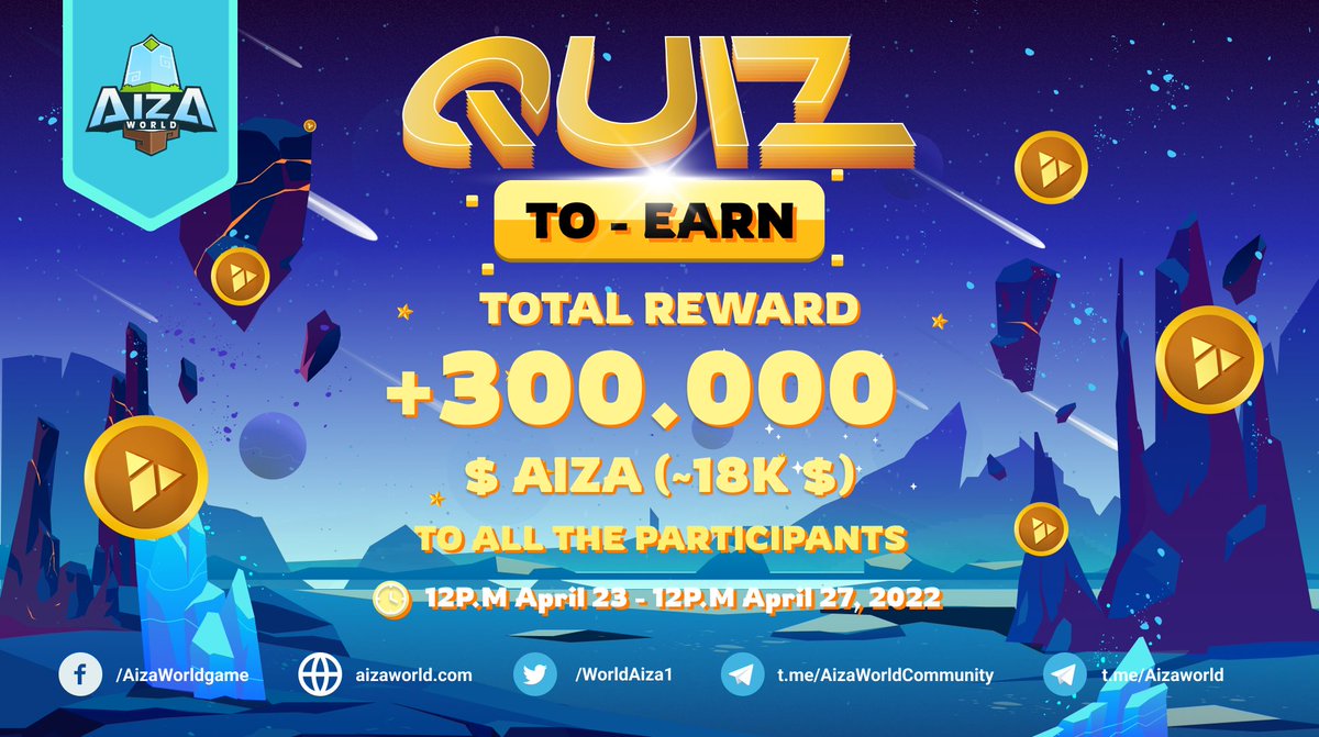 💥Before launching IEO, we offer an easy QUIZ for you to learn more about #AizaWorld. You can participate and quickly EARN $AIZA.
🏆300,000 $AIZA tokens will be given this time…to ALL the participants!
JOIN HERE: t.me/aizaworldquizb…
#airdrop #IEO #GameFi #nft #Metaverse