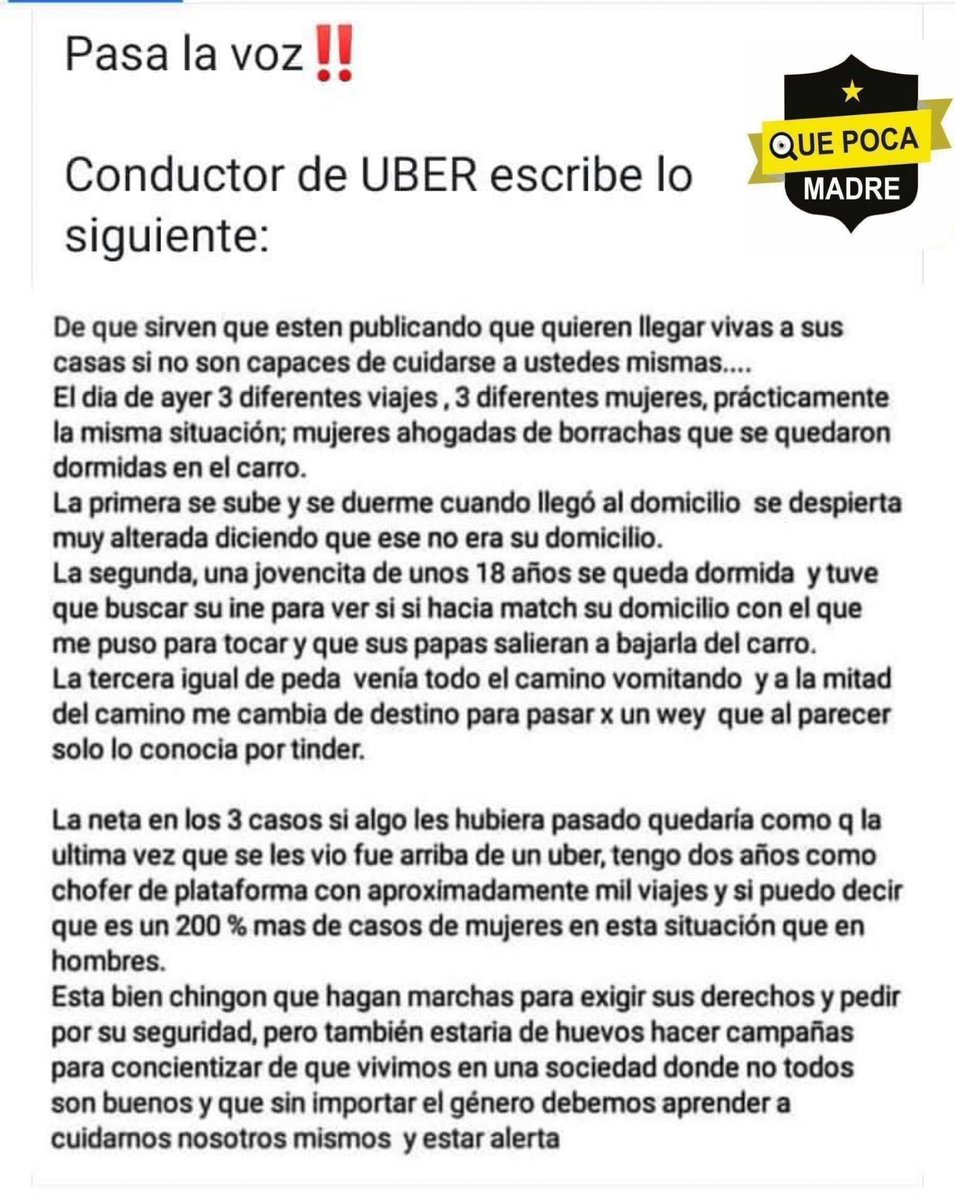 QuePocaMadre_Mx's tweet photo. Conductor de #Uber escribe esto 👇👇 ¿Que opinan? https://t.co/GDhlf9JlBY