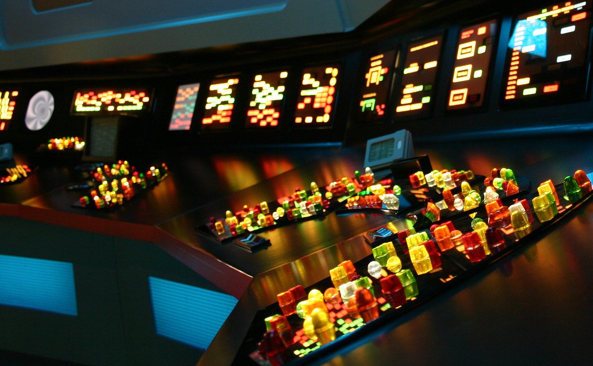 I had always wondered: If the famously-unlabeled buttons on the TOS bridge had been labeled, would those labels have been visible? In 2005, I did an experiment during the filming of "In A Mirror, Darkly" (ENT). 1/x