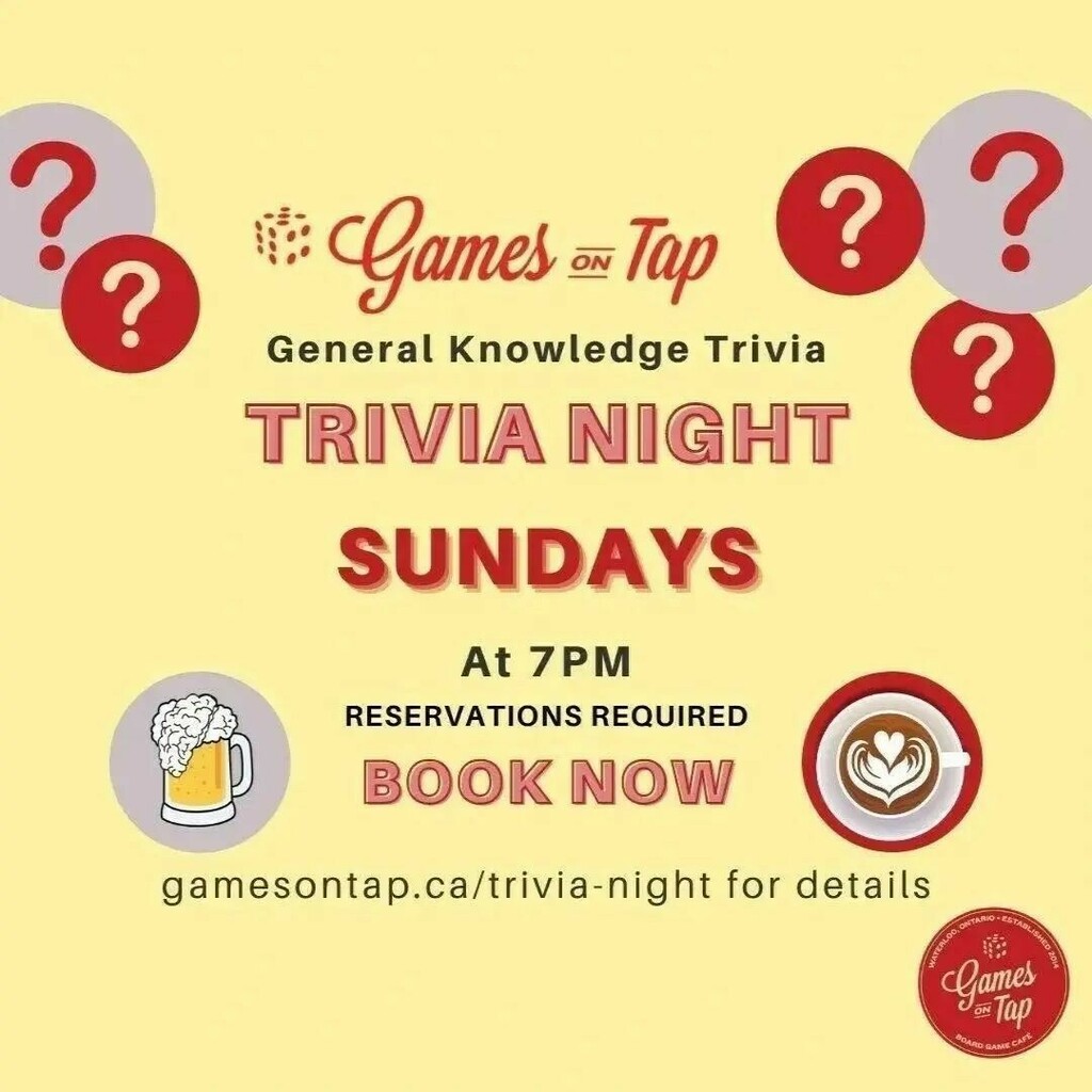 Trivia Sunday. Gather your team and reserve today at gamesontap.ca

#kwawesome #explorewr #trivianight #trivia #pubquiz #thingstodoinkw #WaterlooRegion #kitchener #waterloo #cambridge instagr.am/p/Ccq8XcJJHYg/