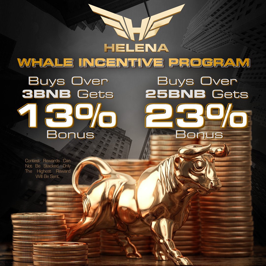 $HELENA - double buybacks now! 🚀

$1,000,000 USD Buyback program changed to only 1 instead of 2 months! 💸
This means the actual rate is 50 USD every 3 mins! 😱

➡️ Furthermore <a href="/HelenaFinancial/">Helena Financial V2</a> launched the WHALE INCENTIVE PROGRAM! 🔥

$TITANO $LIBERO $SAFUU  #DeFi #BSC #BSCGems