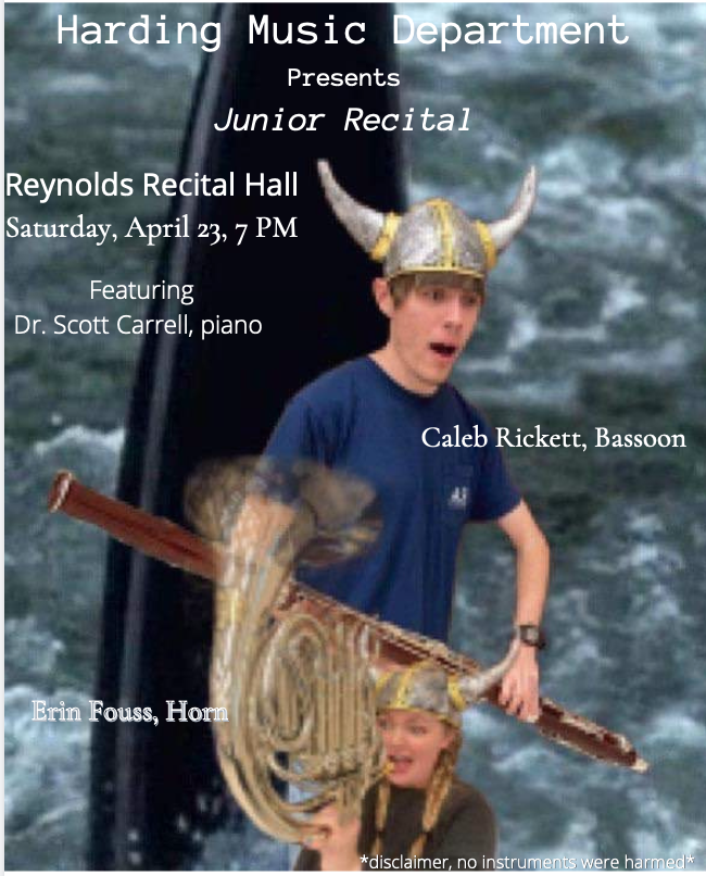 Hardingumusic's tweet photo. Next up this weekend in the Department of Music is a Junior Recital presented by bassoonist, Caleb Rickett and hornist, Erin Fouss. It will be held in the Reynolds Recital on Saturday, April 23rd at 7 PM. This event will be live-streamed on HU16. We hope you will join us! https://t.co/pcCMqMSzhR