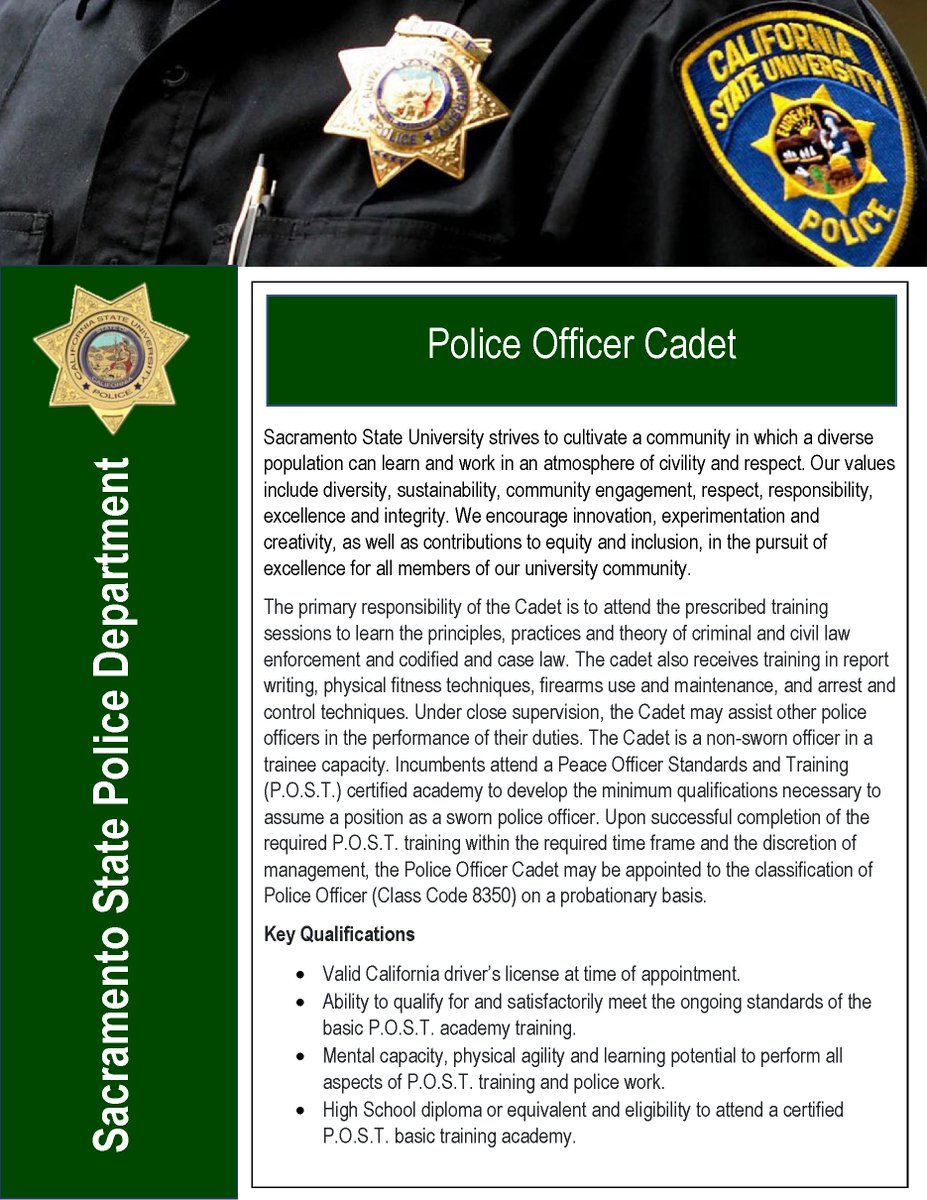 SacStateCrJ's tweet photo. The Sacramento State Police Department is recruiting for our Cadet positions. They will sponsor cadets while attending the police academy. Upon successful completion of the academy, Cadets would be hired as full-time Police Officers with the Sacramento State Police Department. https://t.co/5NOglZOSf0